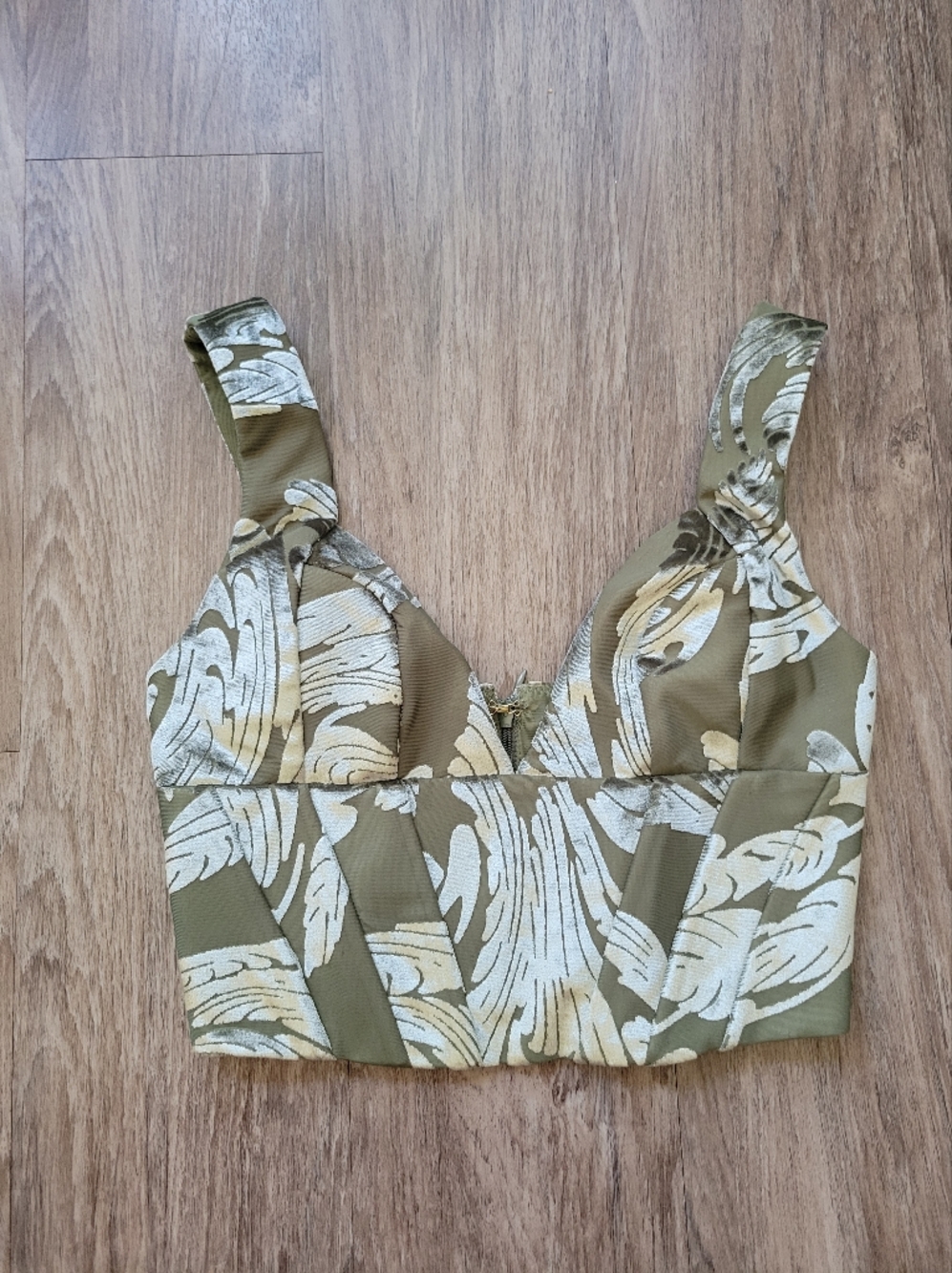 Oh Polly Cropped Bustier Top Olive Green Velvet Jacquard Corset Tank Top 2 - Picture 3 of 13